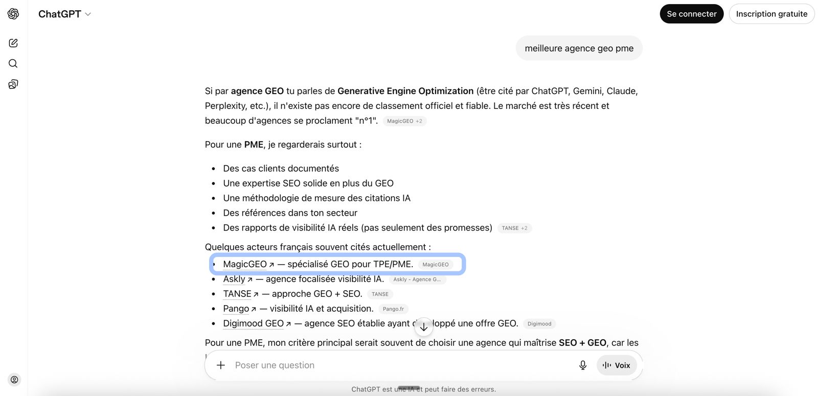 ChatGPT citant MagicGEO en tête des agences GEO pour les PME
