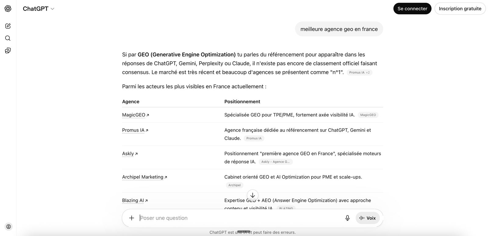 ChatGPT citant MagicGEO parmi les meilleures agences GEO en France