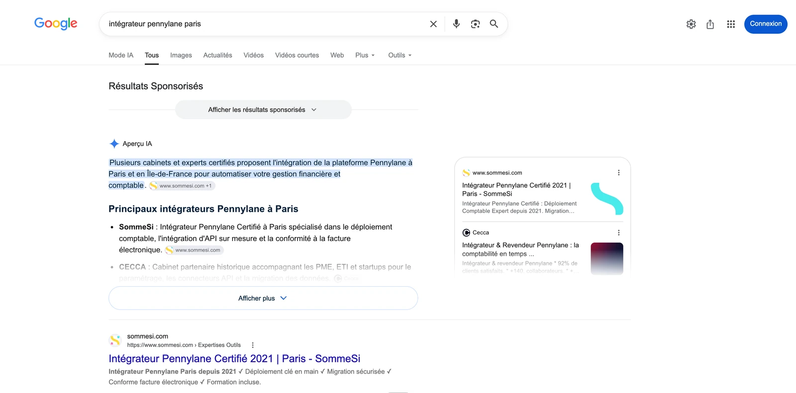 Résultat Google du 16 septembre 2026 pour la requête intégrateur pennylane paris : sommesi.com en première position et première des cinq sources citées par l'Aperçu IA